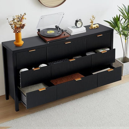 Fluted 9 Drawer TV Stand Dresser for Bedroom, Mid Century Modern Dresser with Drawers, Storage Organizer with 9 Drawers, Fluted Cabinet for Closet Cloth, Living Room, Entryway -Black