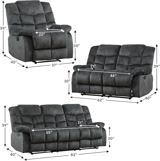 CANMOV Manual Reclining Sofa Set, 3 Pieces Sofa Set, Manual Recliner Chair, Reclining Loveseat and 3-Seat Sofa for Living Room, Furniture Set, Grey(1+2+3)