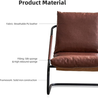 27.56-inch Wide Comfortable Living Room Armchair，Vintage-Style Lounge Chair，with deep Brown Leather Cushion and Metal Frame.