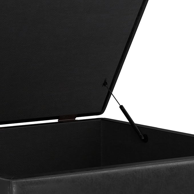 SIMPLIHOME Shay 38 inch Wide Mid Century Modern Large Square Coffee Table Storage Ottoman in Distressed Black Vegan Faux Leather, Assembled, for The Living Room and Entryway