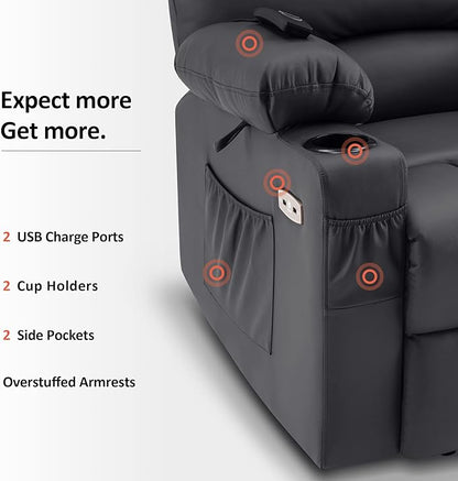 MCombo Power Lift Recliner Chair for Elderly, Lift Chair with Heat and Massage, USB &Type C Ports, Cup Holders, Faux Leather 7095 (Medium, Black)