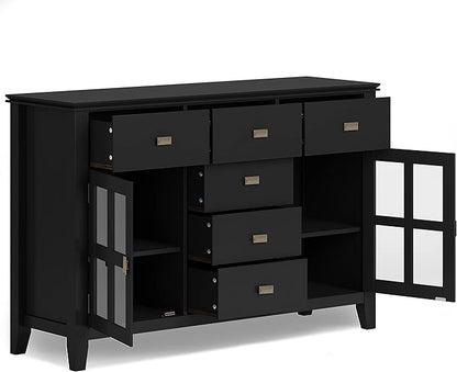 SIMPLIHOME Artisan Buffet - 54 inch Wide Solid Wood 3-Door Sideboard Buffet in Black, Contemporary Storage Cabinet for Dining Room or Kitchen with Adjustable Shelves and Bronze Hardware