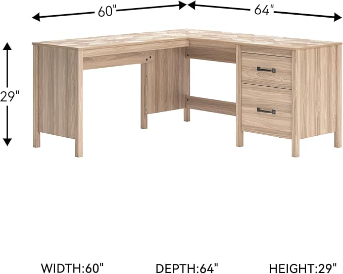 Signature Design by Ashley Battelle Casual L-Shaped Chevron Pattern 60" Home Office Desk with Return, Drawer and Cabinet, Light Brown