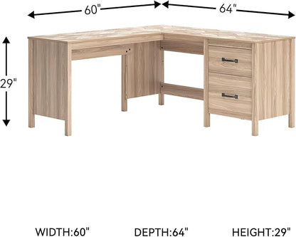 Signature Design by Ashley Battelle Casual L-Shaped Chevron Pattern 60" Home Office Desk with Return, Drawer and Cabinet, Light Brown