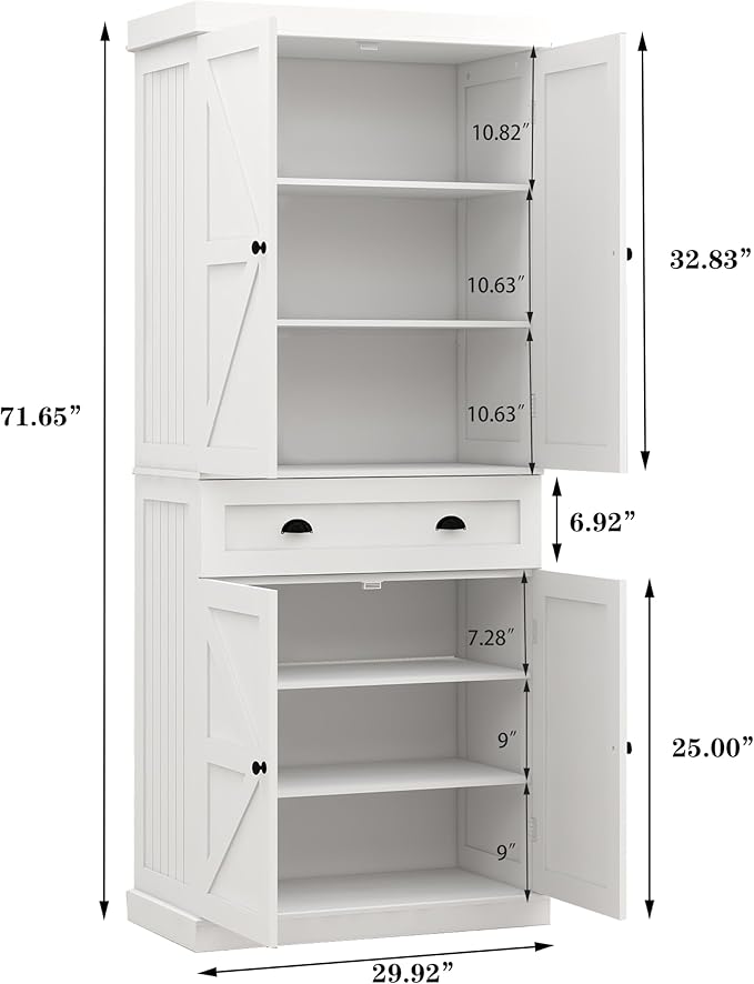 71" Tall Pantry Cabinet with Drawer & 4 Doors, Versatile Storage Cabinet with Adjustable Shelves for Kitchen, Laundry Room, Living Room, Bathroom, White