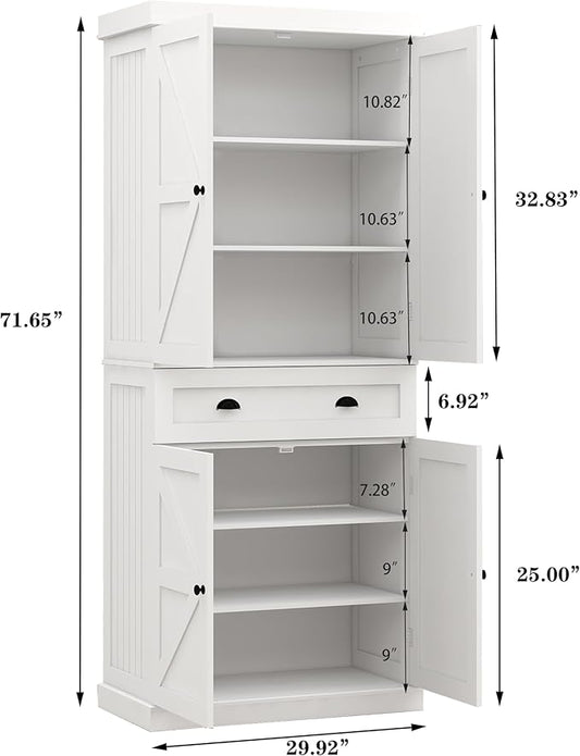 71" Tall Pantry Cabinet with Drawer & 4 Doors, Versatile Storage Cabinet with Adjustable Shelves for Kitchen, Laundry Room, Living Room, Bathroom, White