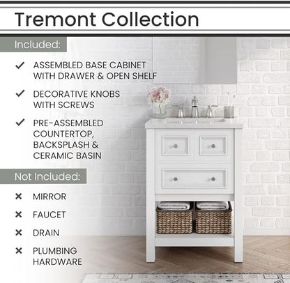 Hanover Tremont 24'' Vanity Cabinet with Sink Combo for Bathroom, Powder Room | Pre-Assembled Cabinet | 1 Drawer, Bottom Shelf | Artificial Stone Countertop | White Cabinet | HANVN0107-24-1WH