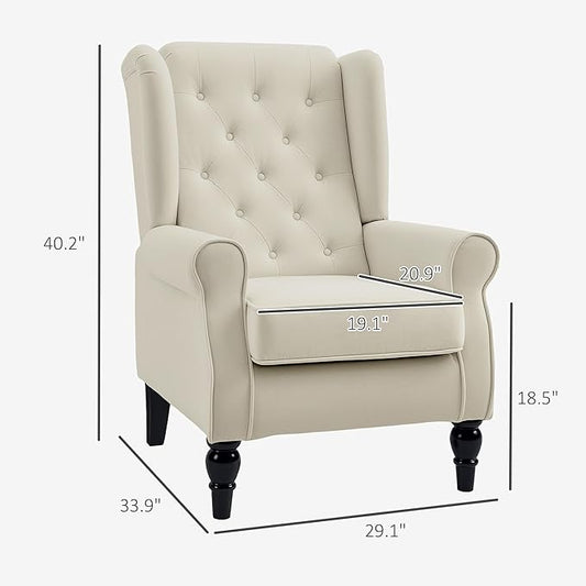 HOMCOM Mid-Century Modern Accent Chair, High Wingback Reading Chair, Button-Tufted Upholstered Fabric Armchair with Retro Wood Legs for Apartment, Living Room, Bedroom, Cream White