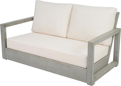 Christopher Knight Home Rammus 2 Pieces Outdoor Conversation Set, Acacia Wood Chat Set, Rectangular Coffee Table and Patio Loveseat Sofa, Slat Design Patio Furniture Set for Garden, Beige + Light Grey