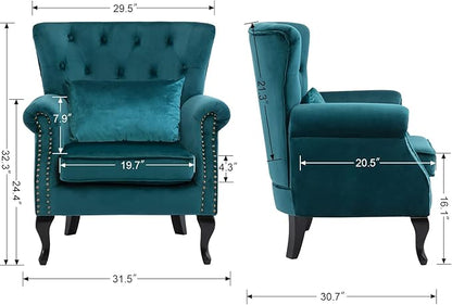 Mid Century Modern Accent Chair Upholstered Armchair Comfy Velvet Fabric Single Sofa with Tufted Wingback for Small Spaces Bedroom Living Room, Teal