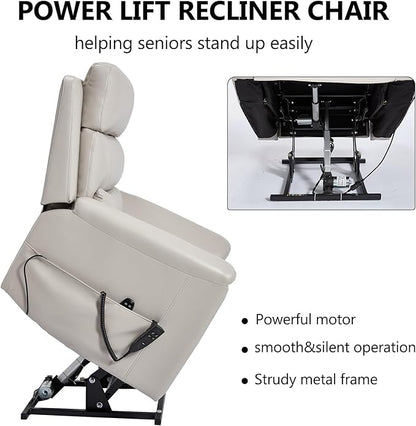 PELUMY Power Lift Recliner Chair for Elderly with Massage and Heat, Dual Motor Heavy Duty 350lbs Recliner, 8-Point Vibration & Lumbar Heating, Electric Lift Chair (Breathable Leather, Light Grey)