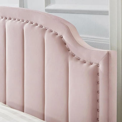 24KF Velvet Fabric Upholstered King/California King Headboard with Nail Trims, Modern Vertical Channel Design with Curved King Headboard, 6052-K-Pink