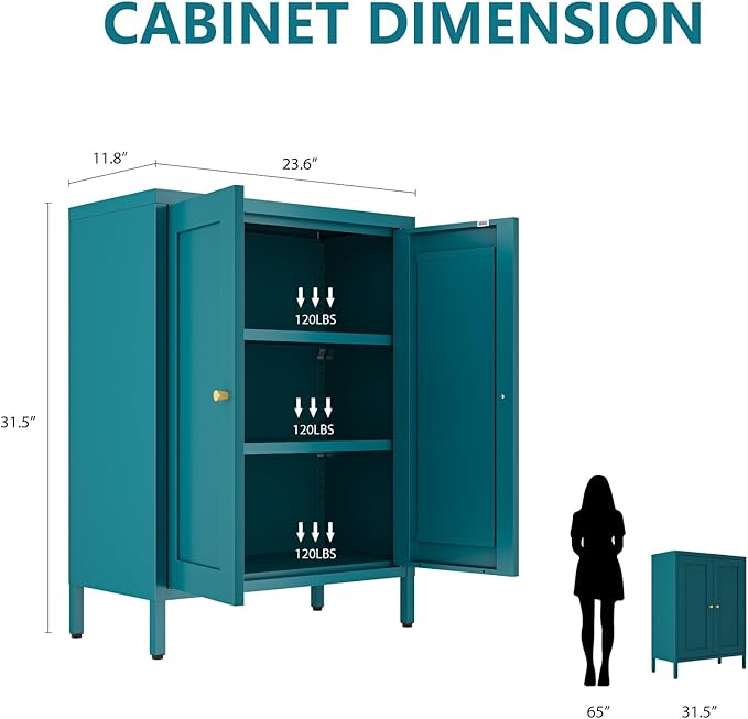 Metal Bathroom Cabinet, Small Floor Storage Cabinet, Freestanding Sideboard with 2 Adjustable Shelves for Living Room, Dinging Room (Blue, 31.5" H-2 Doors)