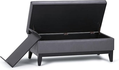 SIMPLIHOME Oregon 42 inch Wide Contemporary Rectangle Storage Ottoman Bench with Tray in Stone Grey Vegan Faux Leather, Assembled, For the Living Room, Entryway and Family Room
