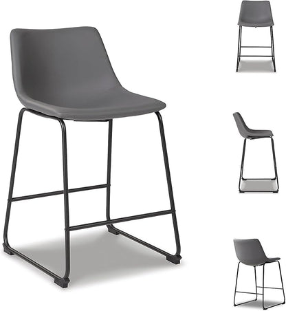 Signature Design by Ashley Centiar Modern Faux Leather 23.75" Counter Height Bucket Seat Barstool, Tubular Metal Base, Footrest for Comfort, Set of 2, Gray