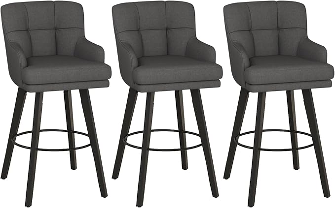360°Swivel Counter Height Bar Stools with Back, 30 inch Solid Wood Legs, Bar Stool Modern Kitchen Island Chairs, Fabric (Black Grey- Fabric, 30" H- Set of 3)