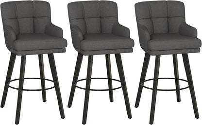 360°Swivel Counter Height Bar Stools with Back, 30 inch Solid Wood Legs, Bar Stool Modern Kitchen Island Chairs, Fabric (Black Grey- Fabric, 30" H- Set of 3)