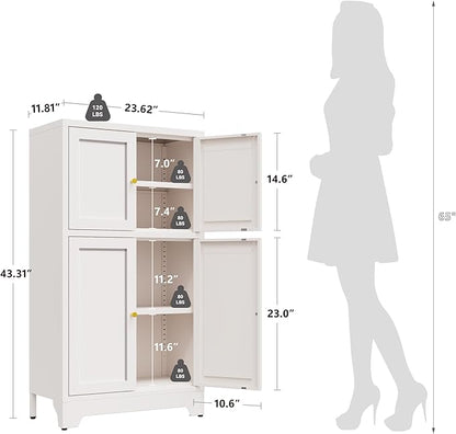 White Bathroom Floor Cabinet, Metal Storage Cabinet with 2 Adjustable Shelves & 4 Doors,Freestanding Sideboard for Dining Room,Living Room, Home Office