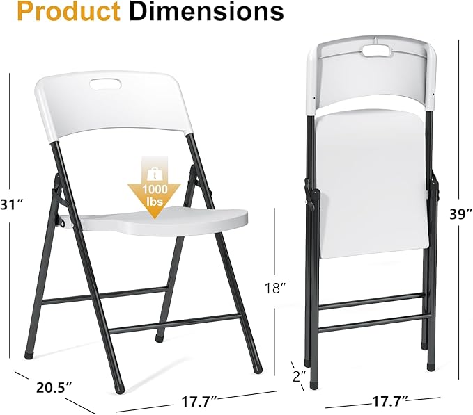 16 Pack Folding Chairs, 700lbs Capacity Heavy Duty Folding Chair with Reinfoced Steel Frame for Indoor/Outdoor Use, White Plastic Foldable Chairs for Party, Patio, Meeting, Wedding and School