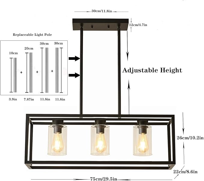 Farmhouse Dining Room Light Fixture Kitchen Island Pendant Lighting Rectangle Black Dining Room Lighting Fixture Modern Pendant Contemporary Chandeliers with Glass Shade Adjustable