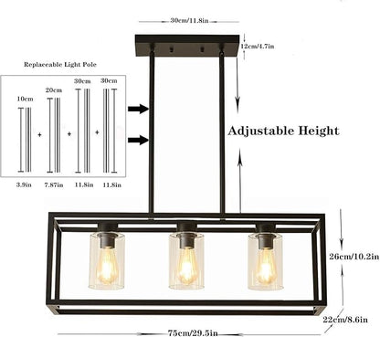 Farmhouse Dining Room Light Fixture Kitchen Island Pendant Lighting Rectangle Black Dining Room Lighting Fixture Modern Pendant Contemporary Chandeliers with Glass Shade Adjustable
