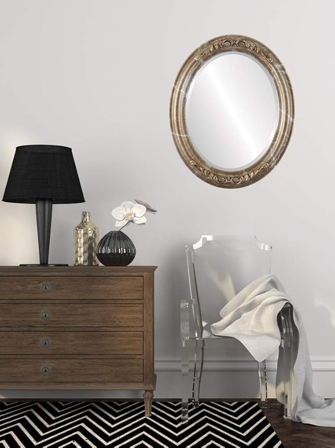 OVALCREST Oval Beveled Wall Mirror for Home Decor - Florence Style - Champagne Silver - 34" x 24"