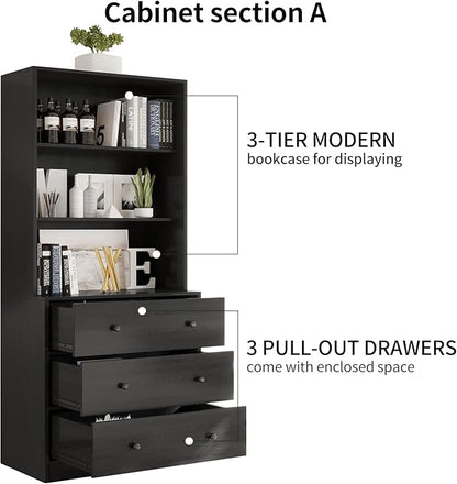 VOWNER Vertical File Cabinet, 3-Tier Modern Bookshelf with 3 Large Drawer, Wood Filing Cabinet with Open Storage Shelf, Glass Doors and Fixed Storage Shelves for Home Office, Black