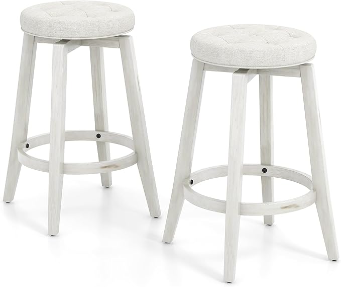 COSTWAY 360° Swivel Bar Stools Set of 2, 30-inch Height Vintage Upholstered Rubberwood Backless Bar Chairs with Footrest, Retro Kitchen Counter Stools for Kitchen Island Dining Room Home Bar, White