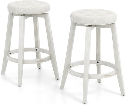 COSTWAY 360° Swivel Bar Stools Set of 2, 30-inch Height Vintage Upholstered Rubberwood Backless Bar Chairs with Footrest, Retro Kitchen Counter Stools for Kitchen Island Dining Room Home Bar, White
