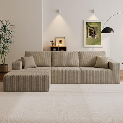 110" Boneless Cloud Sectional Couch for Living Room, Compressed Modular L-Shaped Sofa with Deep Seat, Frameless Corduroy Couch in Boxes, No Assembly Required 3-Seater (Left-Facing Chaise, Grey)