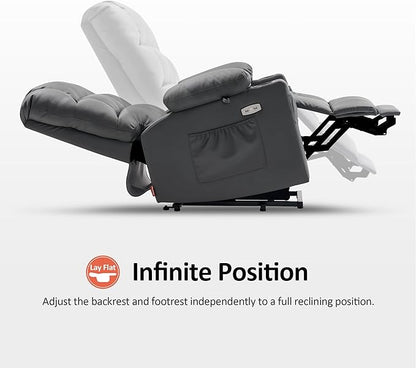 MCombo Medium Lay Flat Dual Motor Power Lift Recliner Chair Sofa with Massage and Heat for Elderly People, Infinite Position, Faux Leather 7679 (Dark Grey, Medium)