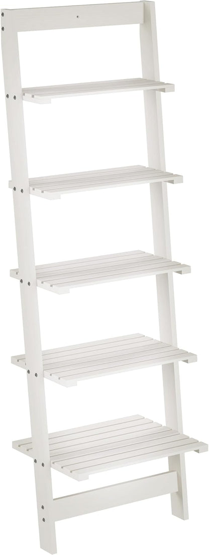 5-Tier Ladder Shelf - 50-Inch Narrow Leaning Bookshelf - Wooden Bookcase for Living Room, Bathroom, Kitchen, Office, or Bedroom Furniture by Lavish Home (White)