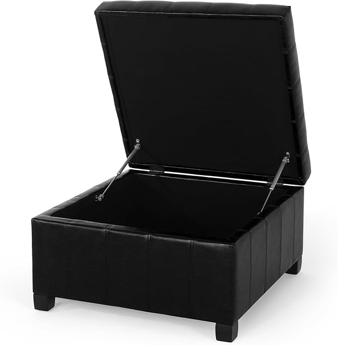 Christopher Knight Home Faux Leather Storage Ottoman Square Ottoman End of Bed Ottoman Cube for Bedroom Entryway Foot Rest Stool with Hinged Lid 30.25" x 30.25" x 18", Black