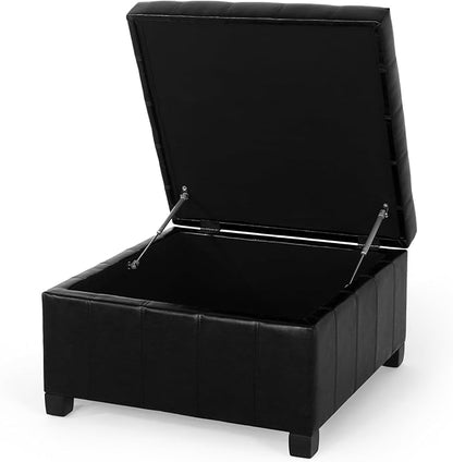 Christopher Knight Home Faux Leather Storage Ottoman Square Ottoman End of Bed Ottoman Cube for Bedroom Entryway Foot Rest Stool with Hinged Lid 30.25" x 30.25" x 18", Black