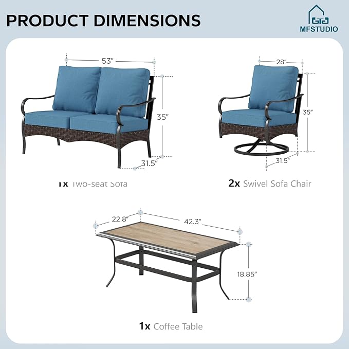 MFSTUDIO 4 Pieces Outdoor Patio Furniture Set, Metal Outdoor Conversation Set, Rattan Wicker Patio Sectional Sofa Set with 2 x Swivel Single Sofa, 2-Seat Sofa, 1 x Coffee Table, Navy Blue