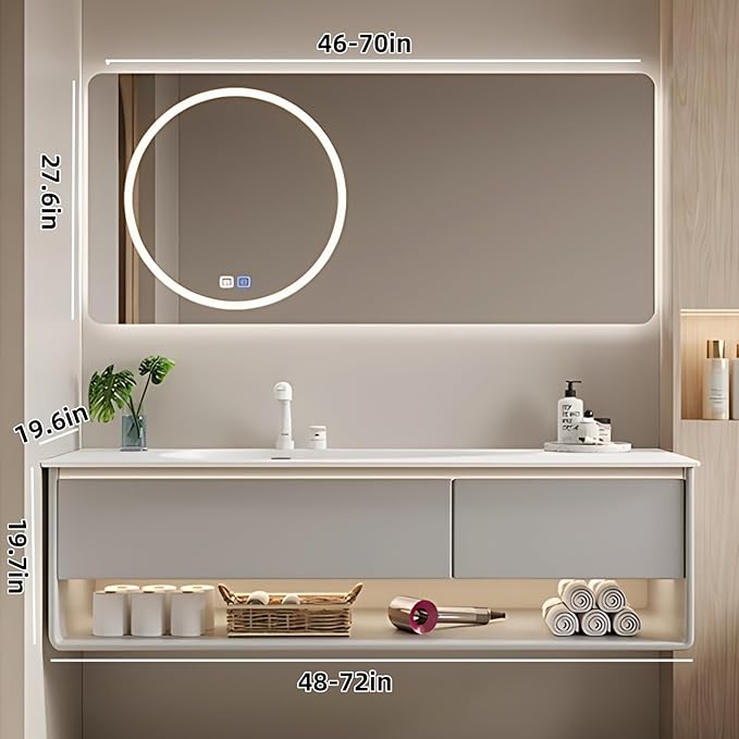 48IN Grey Bathroom Vanity Set - Floating Bathroom Vanity with Single Sink | Including LED Smart Defogging Mirror Cabinet & Time Display Function, Equipped with Motion Sensing Light Strip (Style B)