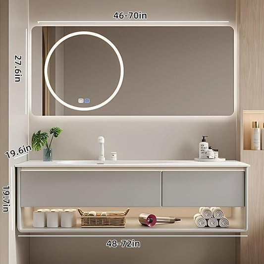 52IN Grey Bathroom Vanity Set - Floating Bathroom Vanity with Single Sink | Including LED Smart Defogging Mirror Cabinet & Time Display Function, Equipped with Motion Sensing Light Strip (Style B)