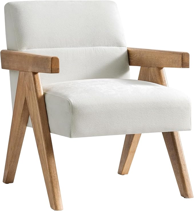 HULALA HOME Modern Accent Chair, Upholstered Arm Chair with Solid Wood Frame, Comfortable Padded Seat and Back, for Living Room, Bedroom, Ivory