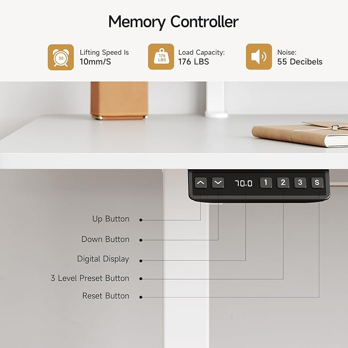 ONBRILL Standing Desk with 2 Adjustable Monitor Shelves, 63 x 24 Inch Electric Stand Up Desk with Memory Controller and Adjustable Height from 28-46 inches for Computer Workstations, All White