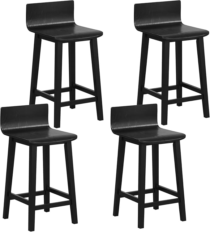 COSTWAY Solid Wood Bar Stools Set of 4, 24.5-inch Counter Height Chairs with Low Back and Footrest, Farmhouse Wooden Armless barstools for Kitchen Island, Dining Room, Cafe, Breakfast, Black