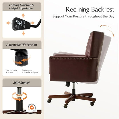 HULALA HOME Modern Home Office Chair with Tilt Lock & Metal Base, Desk Chair with 360° Swivel & Tilt Function, Height Adjustable, Wide Seat Computer Task Chair with Wheels & Padded Cushion, Brown