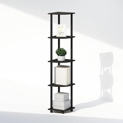Furinno Turn-N-Tube Corner Shelf, 5-Tier Corner Bookshelf, Open Storage Shelves, for Organization and Storage, Living Room, Home Office, Garage, Bedroom, Espresso