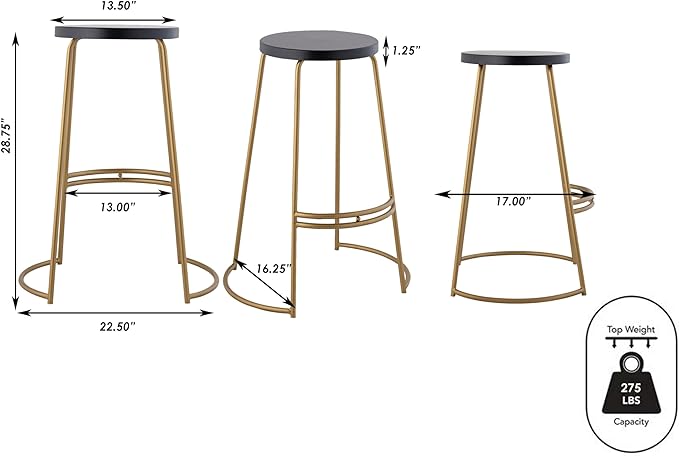JONATHAN Y BSL1001A Hula 28.75" Modern Designer Iron Curved Backless Bar Stool for Home, Kitchen, Dining Room, Workspaces, Cafes and Resturants, Black Seat with Gold Frame