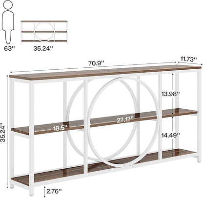 Tribesigns 70.9 inch Sofa Console Table, Extra Long Narrow Entryway Tables with 3 Tier Wood Storage Shelves Industrial Metal Frame for Foyer Hallway Living Room Behind Couch, White Walnut