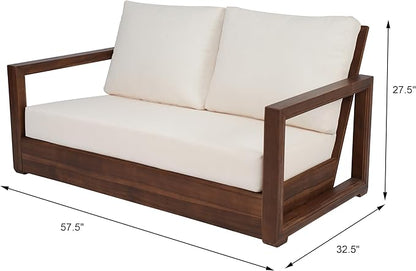 Christopher Knight Home Olaf 4 Pieces Outdoor Conversation Set, Acacia Wood Chat Set, Rectangular Coffee Table and Patio Loveseat with 2 Club Chairs, Patio Furniture Set with Cushion, Beige+Mocha
