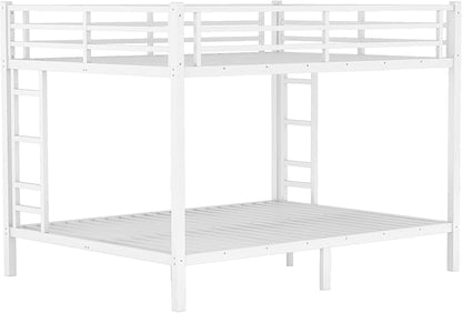 Queen Over Queen Bunk Bed for Adults, Teens, Heavy Duty Bunk Beds with 2 Ladder and Safety Guardrails, Adults Bunk Beds with Noise-Reducing Rubber Stoppers, Easy Assemble, White