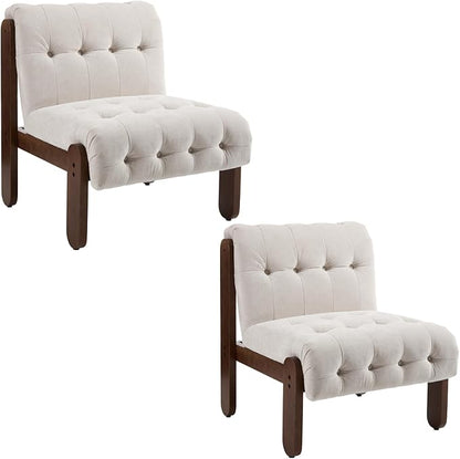 HEAH-YO Accent Chair Set of 2,Modern Vintage Living Room Chair for Bedroom with Button Tufted Back and Wood Legs,Upholstered Comfy Reading Chair for Makeup Vanity Cafe,Chenille Beige