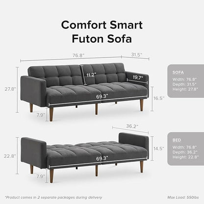 mopio Aaron 76.8" Couch, Small Futon Sofa Bed, Sleeper, Loveseat, Mid Century Modern Futon Couch, Sofa Cama, Couches for Living Room, Bedroom (Dark Grey Fabric)