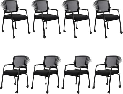 8PK Office Guest Chairs No Wheels | Ergonomic Lumbar Support and Thicked Seats Cushion, Desk Chair with Adjustable Mesh Back for Waiting Room School Church Reception，Black