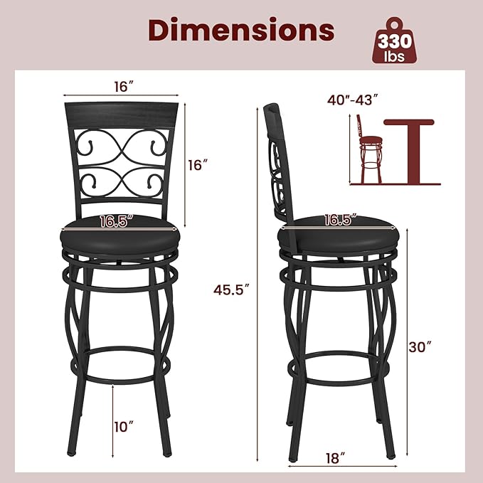 Giantex 30" Swivel Bar Stools Set of 2, Bar Height Bar Stools with Back, Upholstered PU Leather Seat, Footrest, Max Load 330Lbs, Vintage Metal Barstools for Kitchen Island, Dining Room, Pub, Black